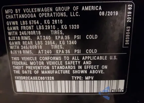 2019 Volkswagen Atlas 3.6L V6 Se z USA, uszkodzony, nr VIN 1V2DR2CAXKC601326